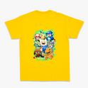 Camiseta com estampa frontal de uma inicial estilizada e estampa traseira com vários personagens icônicos de jogos e animações em um agrupamento vibrante.