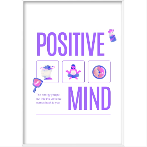 Quadro com estampa frontal de ícones inspiradores, incluindo uma mulher meditando, uma cabeça de flor, um globo rosa e frasco, destacando "POSITIVE MIND".