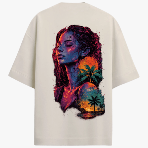 Camiseta com estampa frontal de círculo minimalista e estampa traseira de retrato feminino artístico em tons vibrantes com palmeiras e pôr do sol ao fundo.