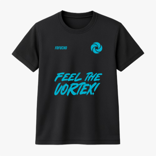 Camiseta com estampa frontal de frase estilizada "FEEL THE VORTEX!" e logo espiral, e estampa traseira de texto "BOTUVA 2026 VORTEX 4 WAY TEAM" em layout compacto.
