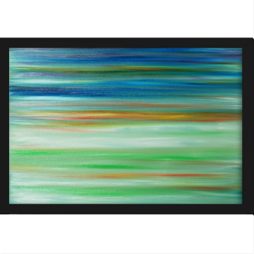 Quadro com estampa de linhas horizontais abstratas, variando em tons vibrantes com transições sutis entre azul, verde e nuances alaranjadas.