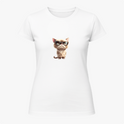 Camiseta com estampa frontal de um gato em estilo caricatural, com expressão séria e óculos grandes, em destaque central, criando um efeito divertido.