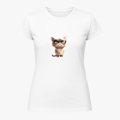 Camiseta com estampa frontal de um gato em estilo caricatural, com expressão séria e óculos grandes, em destaque central, criando um efeito divertido.