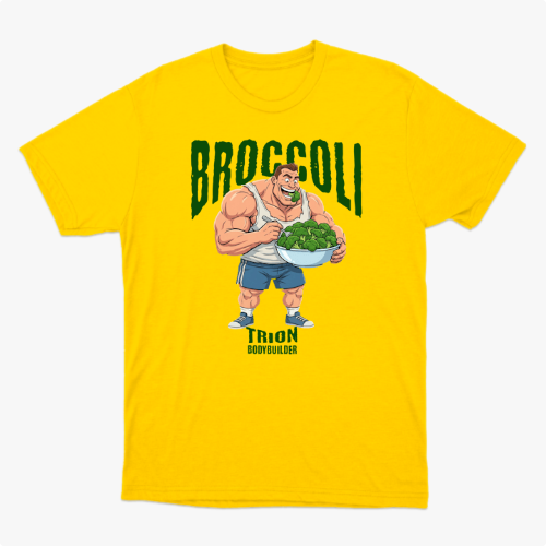 Camiseta com estampa frontal de um fisiculturista segurando uma tigela cheia de brócolis, com a palavra "Broccoli" em destaque acima dele.
