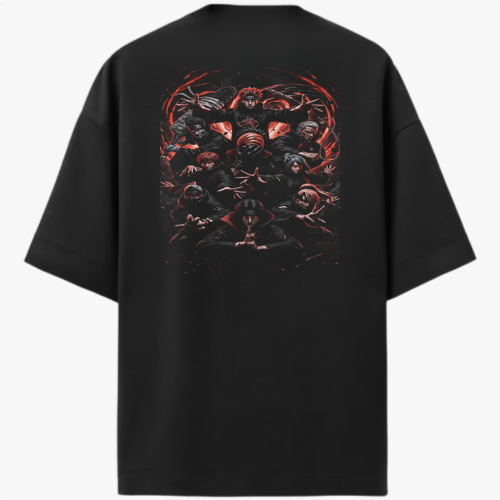 Camiseta com estampa traseira de personagens detalhados, cada um exibindo poses variadas, com um fundo abstrato que cria uma aura dinâmica e intensa.