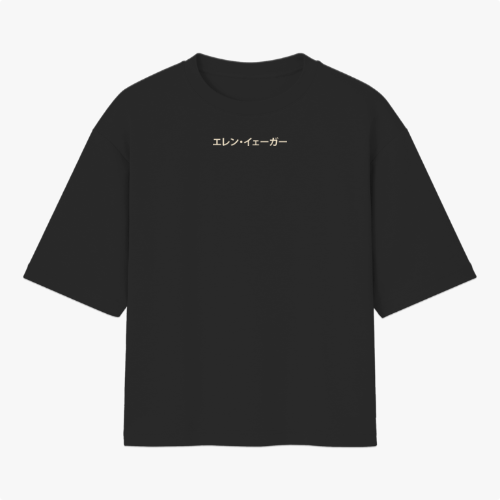 Camiseta com estampa frontal de texto em japonês e estampa traseira com ilustração de braço apontando e rosto emergindo, acompanhados de textos.