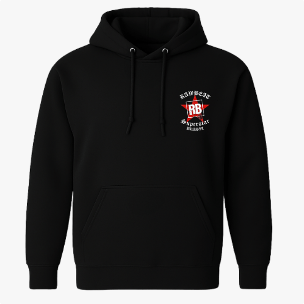 Moletom com estampa frontal de um emblema contendo as letras "RB" no centro de um design estrelado, acompanhado dos textos "Rawbeat Superstar" e "Beast".