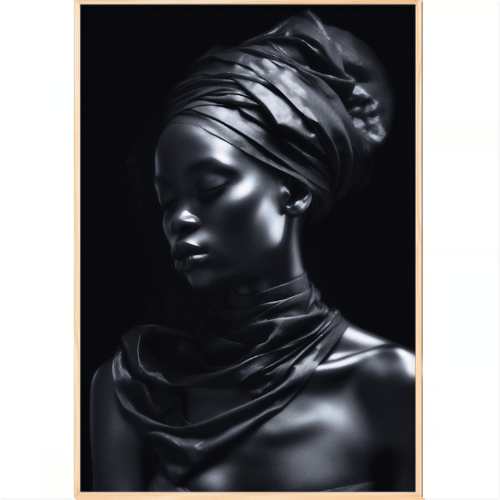 Quadro com estampa frontal de retrato em estilo fotográfico, apresentando detalhe de turbante em tecido com textura suave e brilho sutil sobre superfície metálica.