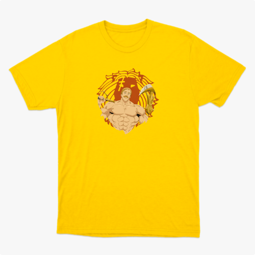 Camiseta com estampa frontal de guerreiro musculoso segurando uma arma sobre fundo circular e estampa traseira de personagem em pose poderosa com texto.