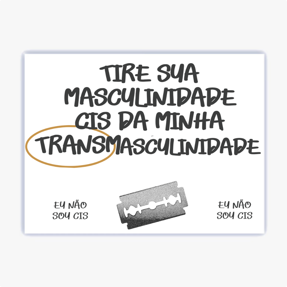 Quadro com estampa frontal de frase ousada em letras grandes e legíveis, com palavra destacada por círculo laranja e lâmina de barbear ilustrativa.