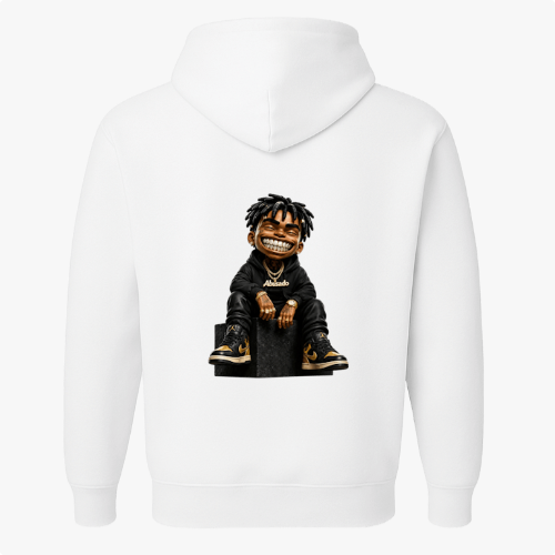 Moletom com estampa frontal de letras "AB" estilizadas com coroa e estampa traseira de personagem sorridente, vestido de preto, com cabelo trançado.