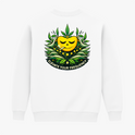 Moletom com estampa frontal de símbolo estilizado e estampa traseira de rosto sorridente rodeado por folhas verdes com texto "Elevate Your Frequency" abaixo.