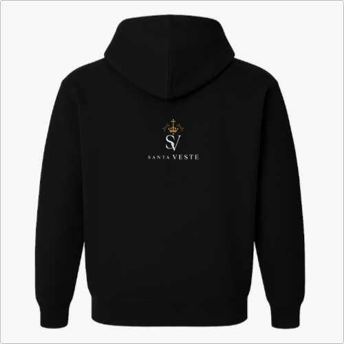Moletom com estampa frontal de elementos religiosos incluindo um ostensório, coroa de espinhos, cruz e Nossa Senhora, e estampa traseira de logotipo com coroa.