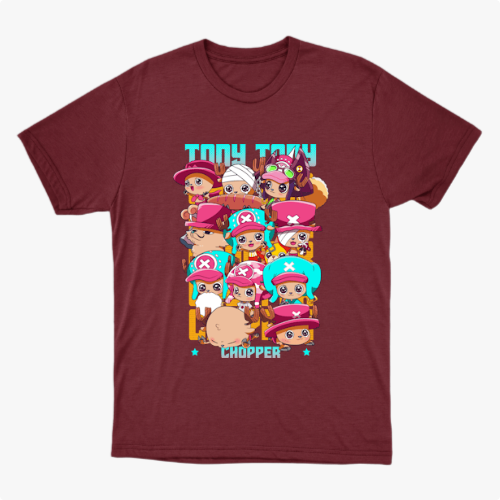 Camiseta com estampa frontal de personagens chibi usando diferentes chapéus rosa e azul, acompanhados de letras estilizadas em um tom vibrante.