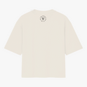 Camiseta com estampa frontal de coração estilizado e palavras em destaque ao redor, e estampa traseira de gráfico circular com palavras dispostas radialmente.