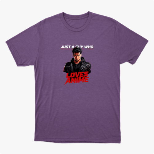 Camiseta com estampa frontal de personagem masculino estilizado usando jaqueta e texto "Just A Guy Who Loves Anime" em destaque.