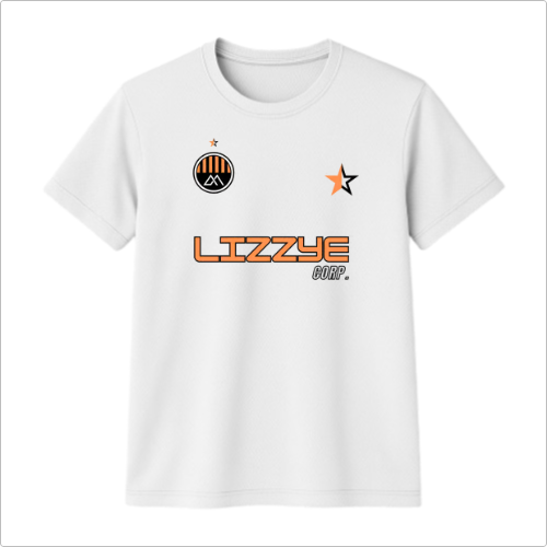 Camiseta com estampa frontal de logotipo circular com montanhas, estrela e texto "LIZZYE CORP." e estampa traseira de texto "LIZZYE CORP." e logotipo geométrico.