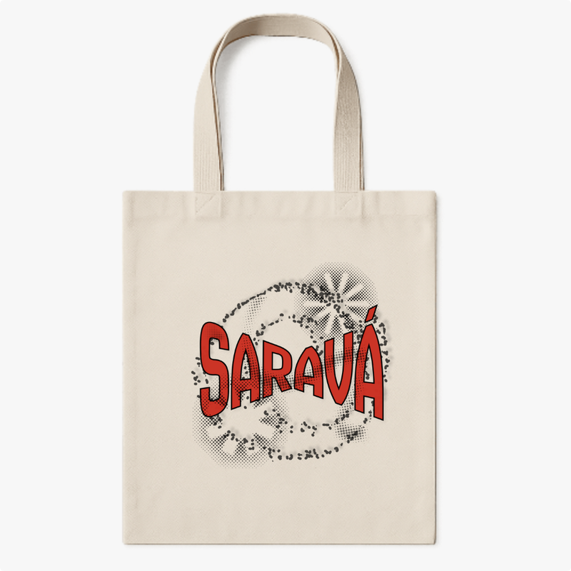 Ecobag com estampa frontal de palavra em estilo quadrinhos em destaque, cercada por efeito de pontos em negativo, criando um visual dinâmico.