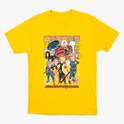 Camiseta com estampa frontal de personagens de anime em poses dinâmicas, rodeados por símbolos japoneses e detalhes florais, com texto em destaque.