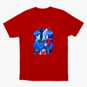 Camiseta com estampa frontal de duas figuras de perfil, uma com cachecol, enquadradas por um emblema, com silhuetas de várias pessoas ao fundo.