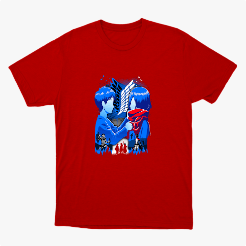 Camiseta com estampa frontal de duas figuras de perfil, uma com cachecol, enquadradas por um emblema, com silhuetas de várias pessoas ao fundo.