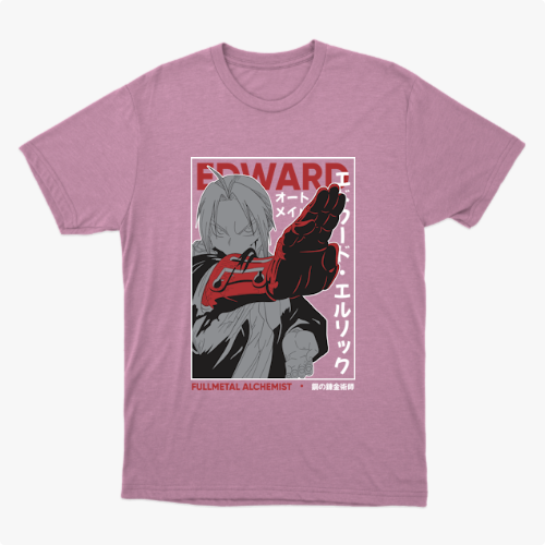 Camiseta com estampa frontal de personagem estilizado em tons de cinza e vermelho, com elementos de design geométrico e texto ao redor.
