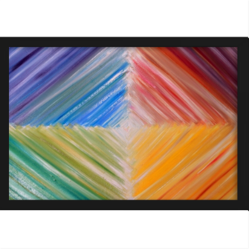 Quadro com estampa de linhas diagonais multicoloridas que se encontram no centro, formando triângulos em tons vibrantes de azul, vermelho, verde e amarelo.
