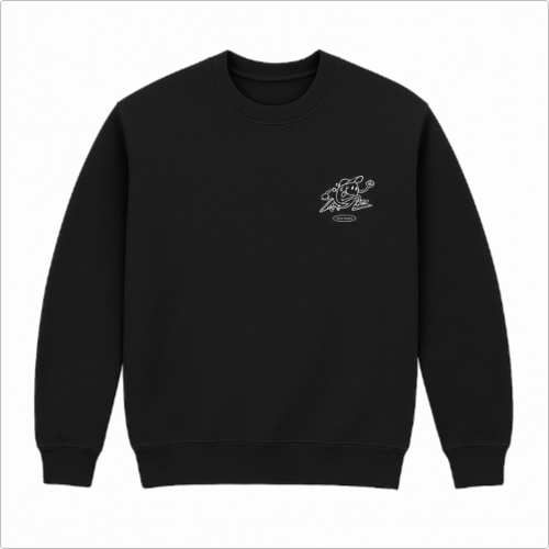 Moletom com estampa frontal de personagem correndo estilizado e pequenos textos, e estampa traseira de "Anti-Running Running Club" com personagem correndo.