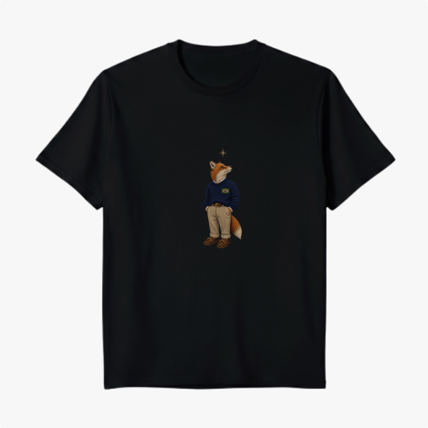 Camiseta com estampa frontal de uma raposa vestida em roupas casuais, olhando para cima com uma pequena estrela brilhando acima de sua cabeça.