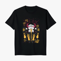 Camiseta com estampa frontal de calopsita ninja empunhando espadas amarelas, com detalhes de símbolos místicos e fundo de raios em estilo quadrinhos.