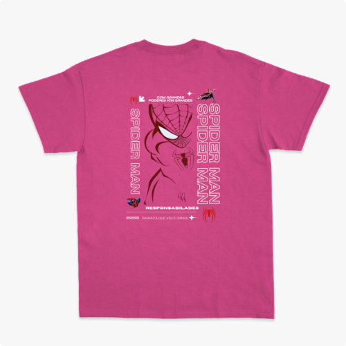 Camiseta com estampa frontal de aranha estilizada de linhas finas e estampa traseira de rosto delineado com texto e referências icônicas.
