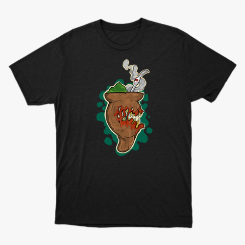 Camiseta com estampa frontal de um chimarrão estilizado com erva-mate, cuia e fumaça, rodeado por um fundo de formas orgânicas em contraste.