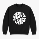 Moletom com estampa frontal de "Jesus Saves" em letras estilizadas formando um círculo.