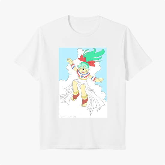 Camiseta com estampa frontal de personagem animado sorridente com cabelos esvoaçantes e laço, em pose dinâmica, cercada por nuvens brancas.