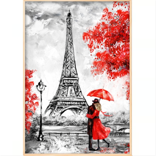 Quadro com estampa frontal de um casal se abraçando sob um guarda-chuva em frente à Torre Eiffel, cercados por árvores estilizadas e um poste.