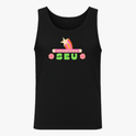 Camiseta regata com estampa frontal de arco-íris com estrela e texto "PROBLEMA SEU" centralizado entre flores estilizadas.