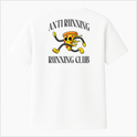 Camiseta com estampa frontal de uma fatia de pizza animada correndo e estampa traseira da mesma imagem com texto "ANTI RUNNING RUNNING CLUB" em letras grandes.
