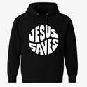 Moletom com estampa frontal da frase "JESUS SAVES" em estilo tipográfico bold e curvado, proporcionando um visual impactante e moderno.
