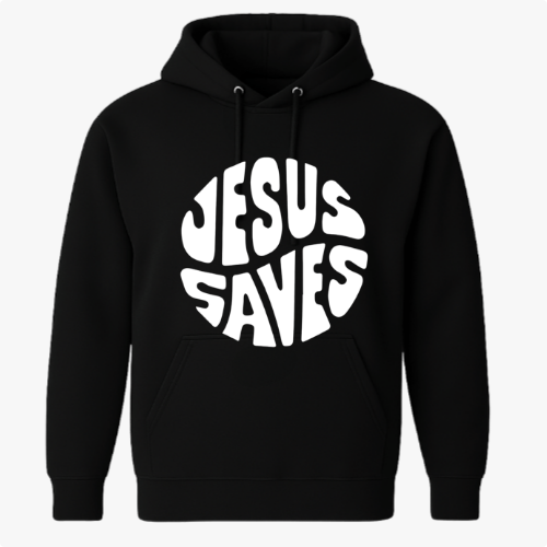 Moletom com estampa frontal da frase "JESUS SAVES" em estilo tipográfico bold e curvado, proporcionando um visual impactante e moderno.