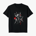 Camiseta com estampa frontal de um herói em pose dinâmica, destacando detalhes vívidos em vermelho com traços sombreados, conferindo profundidade ao design.