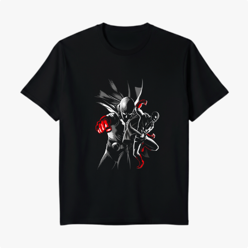 Camiseta com estampa frontal de um herói em pose dinâmica, destacando detalhes vívidos em vermelho com traços sombreados, conferindo profundidade ao design.