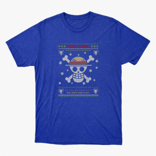 Camiseta com estampa frontal de caveira estilizada com chapéu, ossos cruzados, flocos de neve, pequenos crânios e a frase "Feliz Natal" acima.