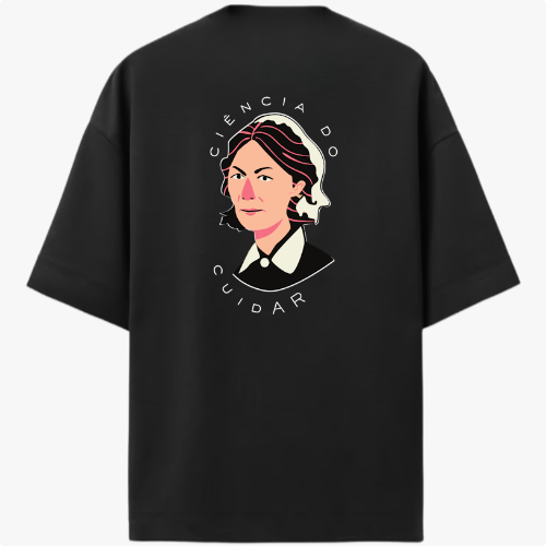 Moletom com estampa traseira de ilustração estilizada de uma mulher em perfil com cabelo curto, acompanhada do texto "Ciência do Cuidar".