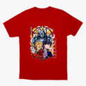 Camiseta com estampa frontal de três personagens em estilo animado, cercados por símbolos místicos e letras verticais estilizadas à esquerda.