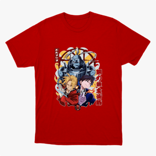 Camiseta com estampa frontal de três personagens em estilo animado, cercados por símbolos místicos e letras verticais estilizadas à esquerda.