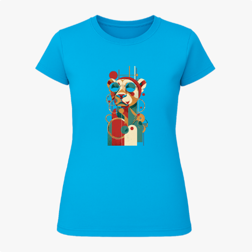 Camiseta com estampa frontal de um panda estilizado em formas geométricas e óculos de sol, com um design moderno composto por linhas e círculos abstratos.