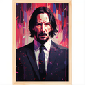 Quadro com estampa de homem em traje formal, cercado por uma composição abstrata de linhas verticais e formas geométricas coloridas em estilo pop art.
