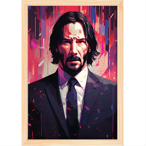 Quadro com estampa de homem em traje formal, cercado por uma composição abstrata de linhas verticais e formas geométricas coloridas em estilo pop art.