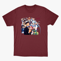 Camiseta com estampa frontal de diversos personagens de anime alinhados, exibindo expressões variadas, alguns com adereços únicos e poses dinâmicas.