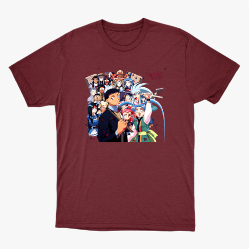 Camiseta com estampa frontal de diversos personagens de anime alinhados, exibindo expressões variadas, alguns com adereços únicos e poses dinâmicas.